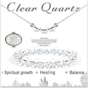 3Ps Clear Quartz Bracelet - Necklace - Ring Set, 8Mm Healing Crystals Bracelets